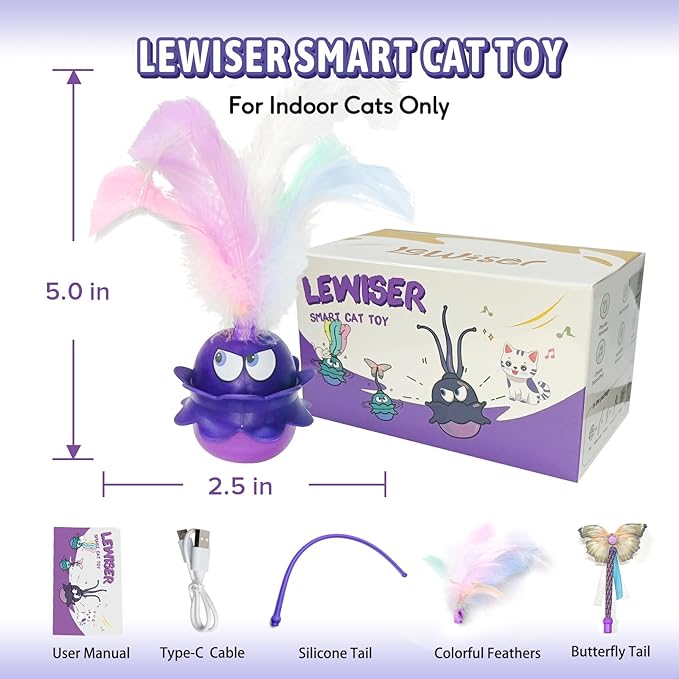LEWISER Cat Toys Monster, 3in1 Rechargeable Automatic Interactive Cat Toy for Indoor Cats Exercise, Real Feathers, Silicone and Butterfly Tail, LED Lighting, Mice Squeak Chirping, Purple