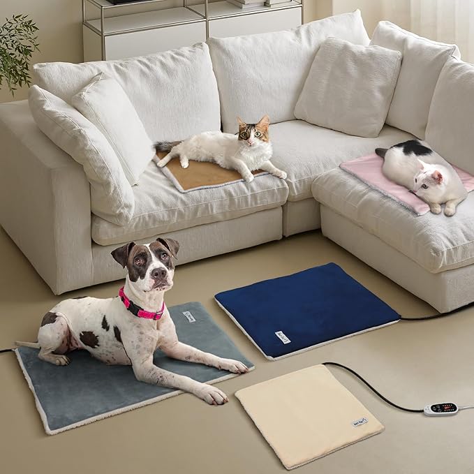 Rest-Eazzzy Cat Heating Pad, Cat Bed with Removable Cover Heated Cat Bed 5 Level Timer and 5 Level Temperature, Cat Beds for Indoor Warming Mat for Cat Dog (Heat pad, Pure-Grey,2pcs)