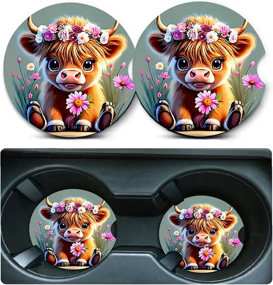 Car Coasters for Cup Holders,2 Pack Highland Cow Floral Car Coasters,2.75" Universal Size Anti Slip Rubber Mat,Automotive Cup Holder Gifts for Cow Lovers for Women,Men,Mom