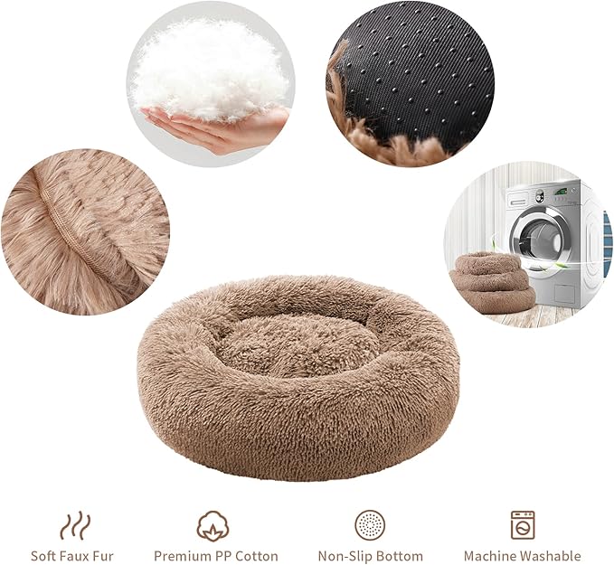 Small Cat Bed for Indoor Cats, Self-Warming Donut Kitty Bed for Small Cats Keeping Warm, Washable Pet Bed with Anti Slip Base, LightCoffee 23‘’