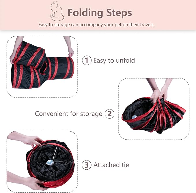 Cat Tunnel, Collapsible Tube with 1 Play Ball Kitty Toys, 3 Ways Cat Tunnels for Indoor Cats, Puppy, Kitty, Kitten, Rabbit (Black and Red)…