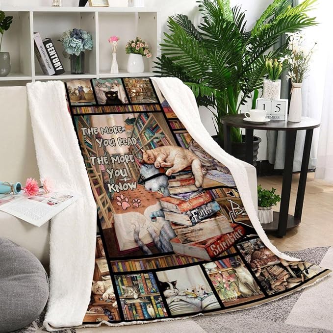 Book Lovers Gifts Throw Blanket,Cat Gifts for Cat Lovers Blanket,Cat Lover Gifts for Women,Gifts for Book Lovers, Soft Cat and Books Blanket for Sofa Couch Beds Decoration Christmas 50x60