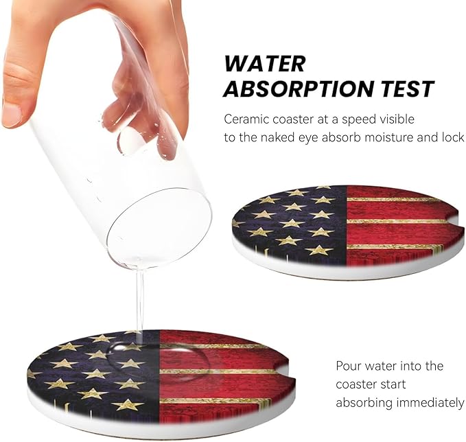 Absorbent Ceramic Car Coasters for Cup Holders, Vintage American Flag Design 2.56" Anti Slip Universal Drink Cup Coasters for Women Men (2 Pack)