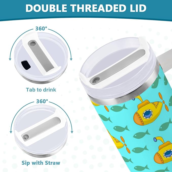 Boccsty Yellow Submarine Insulated Tumblers Colorful Fish Reusable Stainless Steel Tumbler 40 oz Cup Coffee Travel Mug Water Bottle with Handle & Flip Straw for Home Office Car