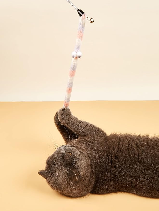 QWINEE Cat Wand Toys, Cat Interactive Toy, Cat Toys for Indoor Cats, Interactive Teaser Toys for Kitty Kitten Multicolor One Size