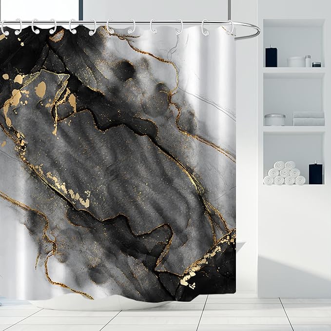 AWERT Dreamy Ink Art Black Glod Marble Shower Curtain for Bathroom Modern High Definition Printing Waterproof Shower Curtain with Hooks Bathroom Decor 60x72inch