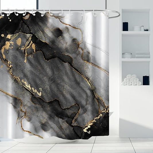 AWERT Dreamy Ink Art Black Glod Marble Shower Curtain for Bathroom Modern High Definition Printing Waterproof Shower Curtain with Hooks Bathroom Decor 60x72inch