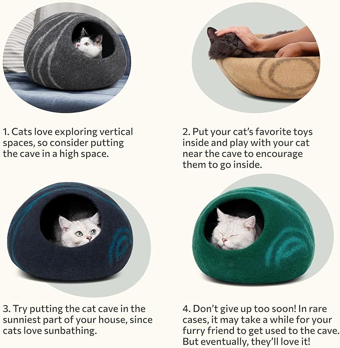 MEOWFIA Cat Cave – Premium Felt Cat Bed for Indoor Cats, Handmade 100% Merino Wool (Dark Shades) (Large, Black Aqua)
