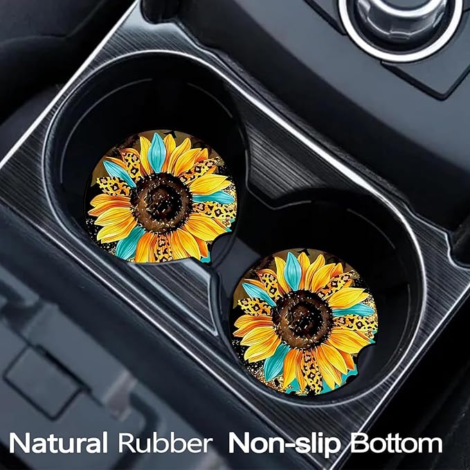 Car Coasters for Cup Holders,2 Pack Sunflowers Leopard Car Cup Holder Coasters,2.75" Universal Size Anti Slip Rubber Mat,Sunflowers Gifts for Women,Mom,Her,Wife,Girlfriend