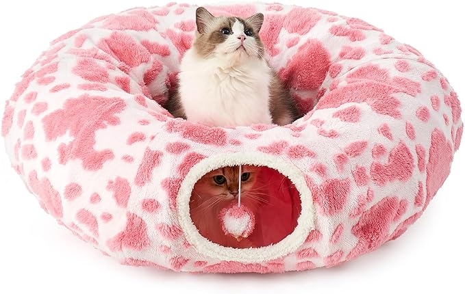 Cat Tunnel Bed for Indoor Cats - Cute Cat Donut Tunnel with Washable Circle Cushion, Round Pet Play Tunnel Toy for Kitten/Puppy/Rabbit,Pink&White
