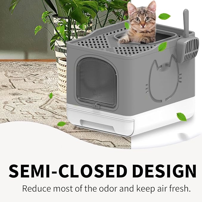 All for Paws Foldable Cat Litter Box Mess Proof Enclosed Litter Box for Large Cats Top Entry, Cat Toilet 2 Ways Out with Handy Litter Scoop, Hold Cats Under 20LBS (Grey)