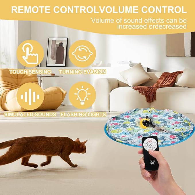 Interactive Cat Toy Ball,Simulated Hunting Remote Control Cat Toy,Electric Cat Automatic Ball Fast Rolling in Pouch, Motion Activate Chirping Hide and Seek Cat Toy Mouse Catching Game