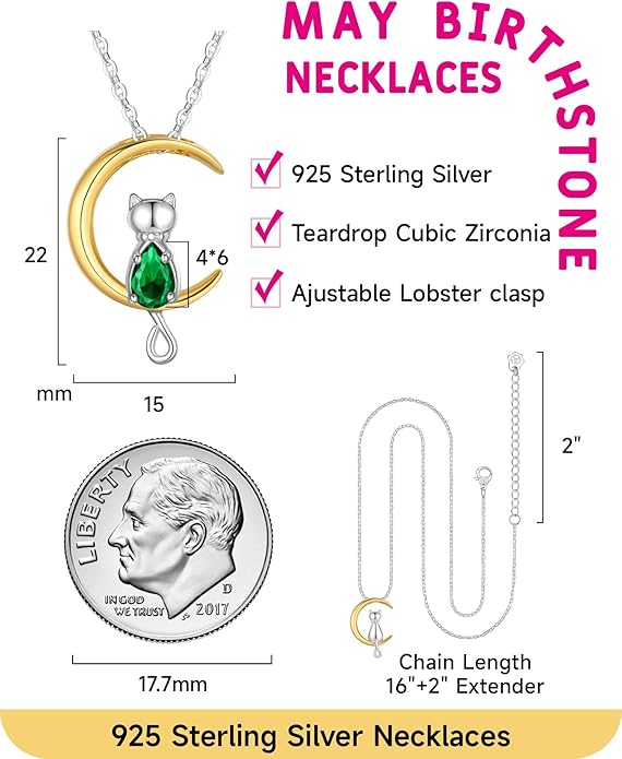 Birthstone Necklace for Women Girls, Cat Necklaces 925 Sterling Silver Teardrop Pendant 18K Gold-Plated Birthstone Jewelry Gifts for Birthday Easter