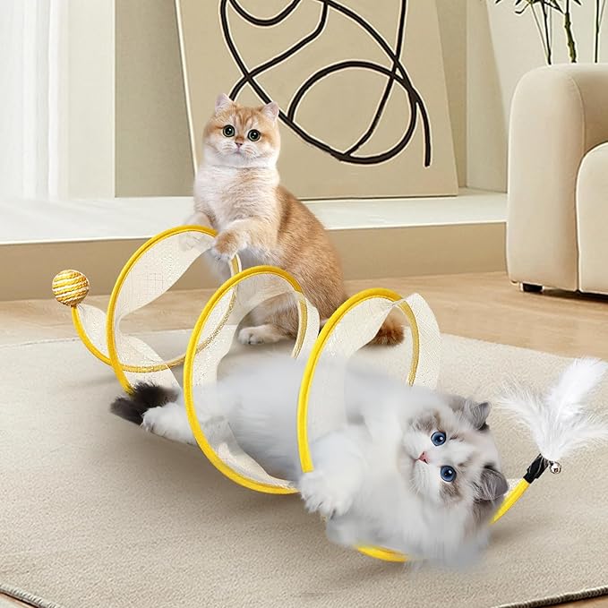 Folded Cat Tunnel Toy,S Type Cat Tunnel Toy Large, Cat Tunnels for Indoor Cats with Feather Plush Mice