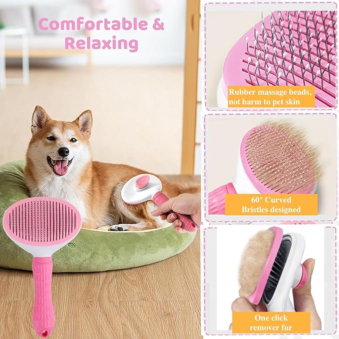 7 Pcs Cat Dog Brush Grooming Kits, Self-Cleaning Slicker Brush, Pet Nail Clipper and File, Flea Comb, Pet Shampoo Bath Brush, Pet Finger Toothbrush, Storage Bag (Pink)