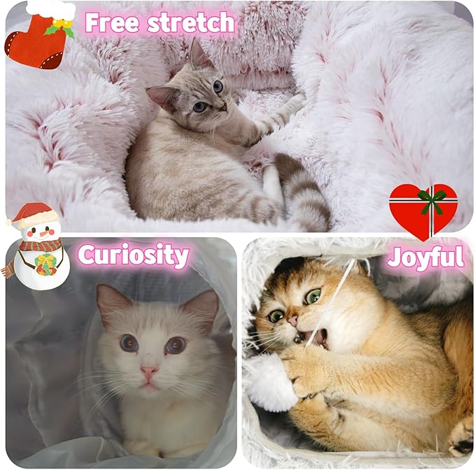 XxingSheep Extra Large Cat Tunnel Bed for Indoor Cats Peekaboo Cat Cave Donut with Center Mat,Pinkish White