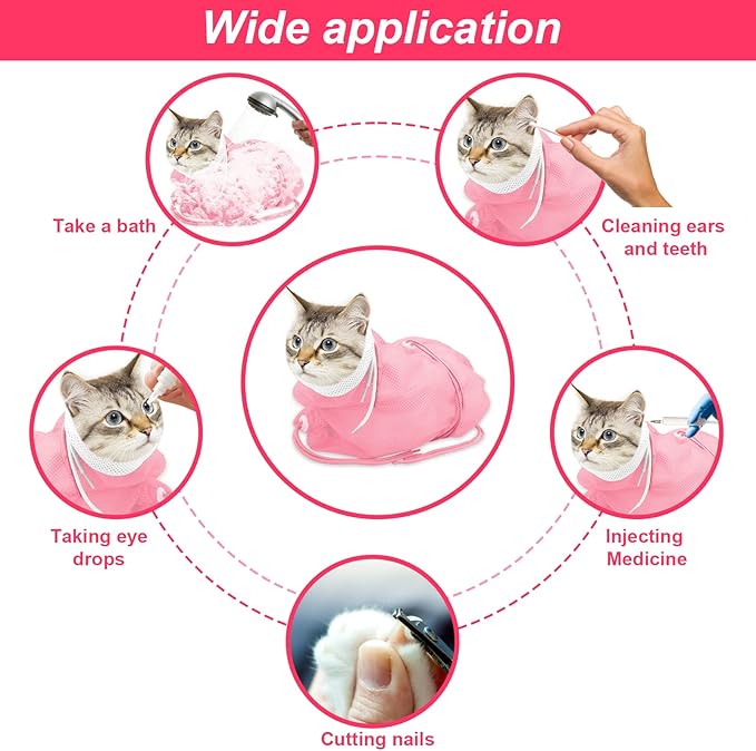 Cat Bathing Bag, Breathable Mesh Cat Shower Bag Anti Scratch Adjustable Cat Grooming Bag for Nail Trimming, Bathing Polyester Soft Cat Washing Bag (White-Pink)