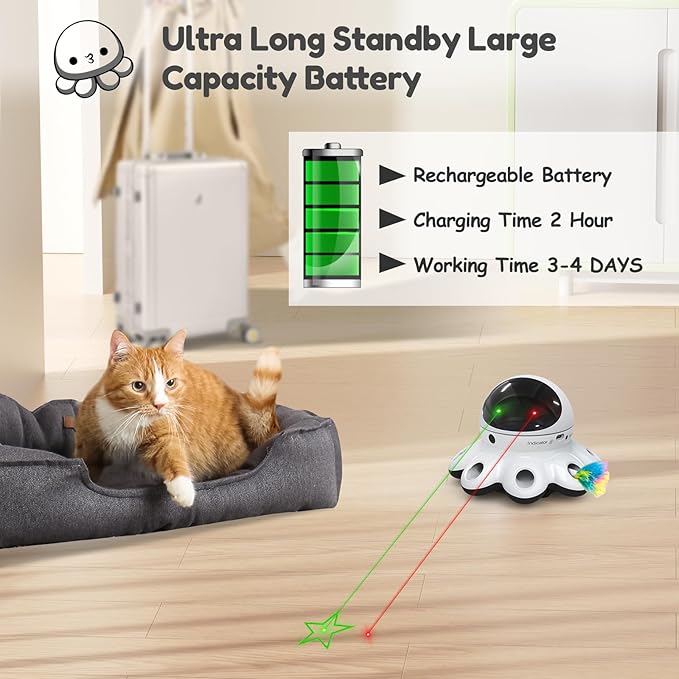ORSDA Cat Laser Toy, 2-in-1 Green Laser Cat Toys, Automatic Cat Toys for Indoor cat, 8 Holes Mice Whack A Mole Moving Feather, USB Rechargeable Electronic Kitten Toys for All Breeds