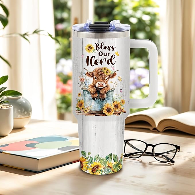 Highland Cow Gift, Cute Tumbler for Women, Highland Cow Decor, Birthday Gifts for Cows Lovers, Sunflower Cows Print Gift Idea, 40 Oz Tumbler with Handle