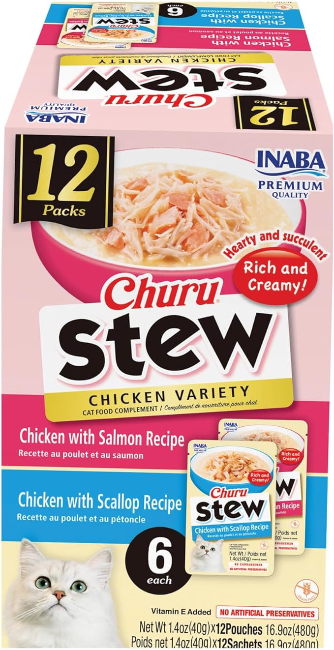 INABA Churu Stew for Cats, Broth Gelée with Shredded Chicken Side Dish Pouch with Vitamin E, 1.4 Ounces per Pouch, 12 Pouches, Chicken Variety
