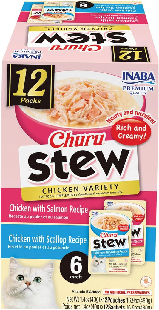 INABA Churu Stew for Cats, Broth Gelée with Shredded Chicken Side Dish Pouch with Vitamin E, 1.4 Ounces per Pouch, 12 Pouches, Chicken Variety