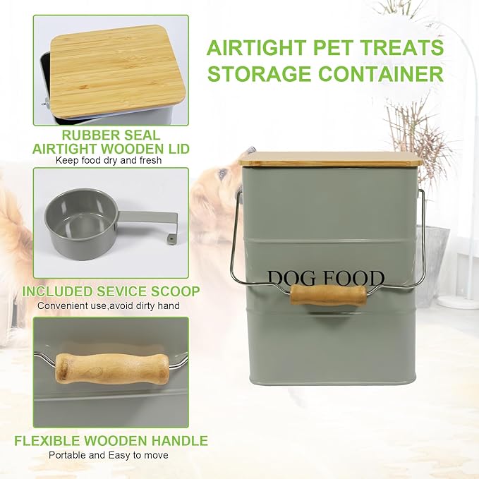 Dog Food Storage Container Dog Treats Jar, Metal Food Treats tin for Dog, pet Snacks Canisters with Wooden lid/Handle/sevice Scoop,Hold 5-6 lbs-Green