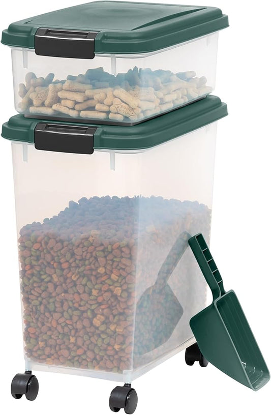 Remington 2 Piece Clear Plastic Food Storage Container | 30 lbs, 11 lbs | Airtight, Stackable, Wheels | Food Storage, Treat Box | 2-Cup Scoop