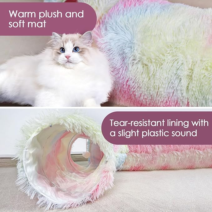 Cat Tunnel Bed for Indoor Cats, Catasaurus Peekaboo Cat Cave with Washable Soft Play Mat, Furry Cat Tube, for Kitten/Puppy/Rabbit, Pink