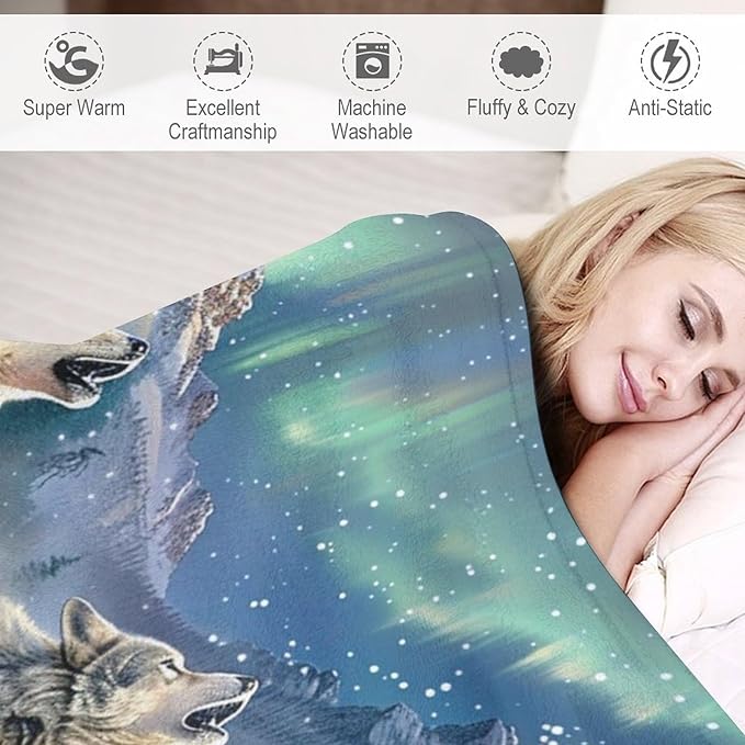 Wolf Aurora Borealis Blanket - Gifts for Girls, Boys, Women, Kids, Wolf Lovers - Soft Warm Fleece Flannel Plush Throw for Bed, Sofa, Couch - 40"x50"