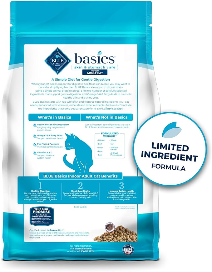 Blue Buffalo Basics Grain-Free Dry Cat Food, Skin & Stomach Care, Limited Ingredient Diet for Indoor Cats, Whitefish & Potato Recipe, 5-lb. Bag