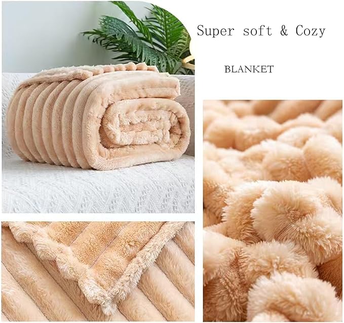 Fleece Fuzzy Throw Blanket, 3D Fleece Ribbed Jacquard Blanket, Cozy Soft Warmer Comfort Lightweight for All Season, Aesthetic Room Decor for Couch Sofa Bed, Gifts for Christmas, Birthdays, Camel
