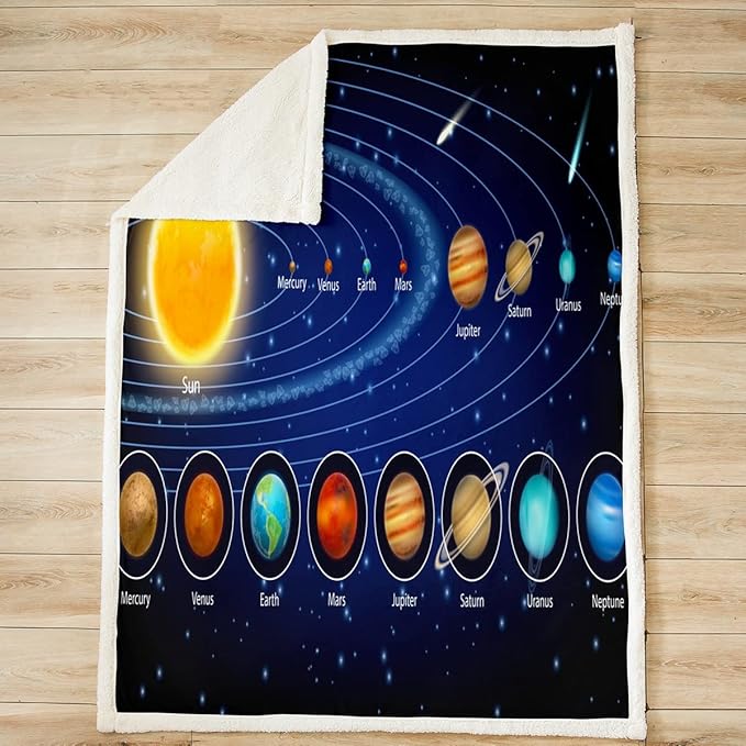 Feelyou Solar System Sherpa Throw Kids Boys Astronomy Fleece Blanket Galaxy Outer Space Plush Blanket 90x90 Inches