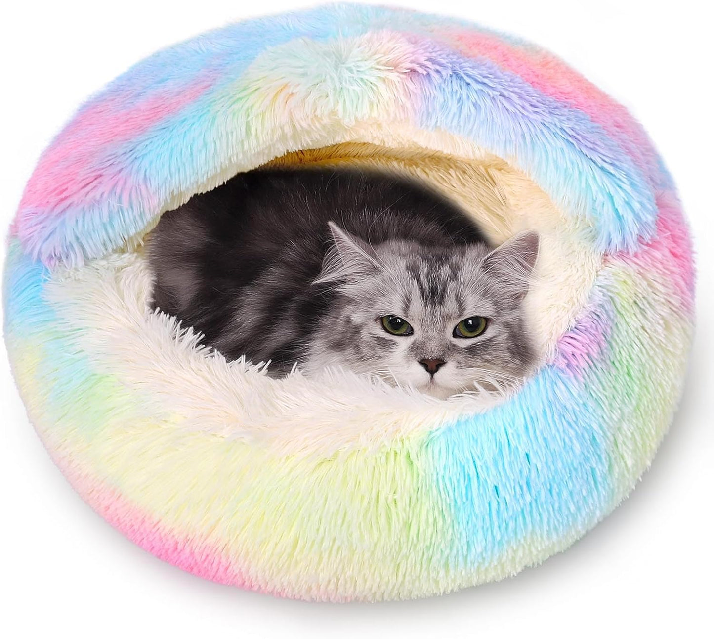 Calming Dog Beds & Cat Cave Bed with Hooded Cover,Removable Washable Round Beds for Small Medium Pets,Anti-Slip Faux Fur Fluffy Coved Bed for Improved Sleep,Fits up to 15/25 lbs(Colorful,S)