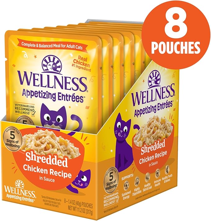 Wellness® Appetizing Entrées™ Shredded Chicken Recipe in Sauce Natural Wet Cat Food, 1.4 oz Pouch (Pack of 8)