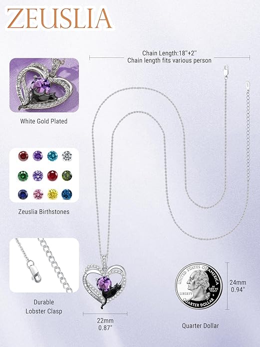 Birthstone Cat Necklaces,925 Sterling Silver Cat Necklace Heart Pendant for Women,Dainty Animal Jewelry for Her,Wedding Anniversary Birthday Gifts for Women Mom Grandma