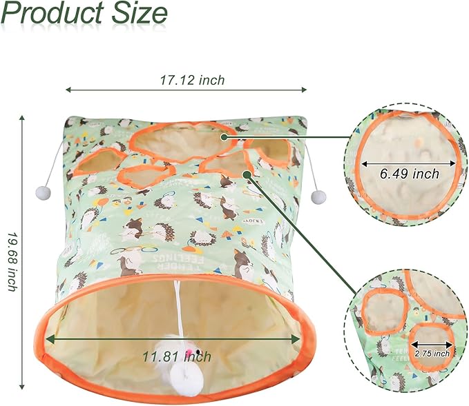 Andiker Cat Tunnel Bags for Indoor Cats, 13x17x12In Foldable Cat Crinkle Bag with 3 White Plush Balls and 1 Mouse 5 Holes for Kitten to Hide and Catch 3 Layers Cat Toy (Hedgehog)