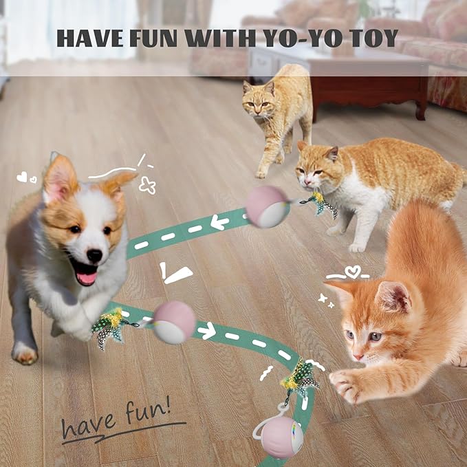 Cat Toy, Interactive Cat Toys for Indoor Cats, DIY 5 in 1 Automatic Moving Cat Ball Toys/Puppies Toys with LED Rainbow Lights, Two Speeds Smart Cat Toys,USB Rechargeable (Pink)