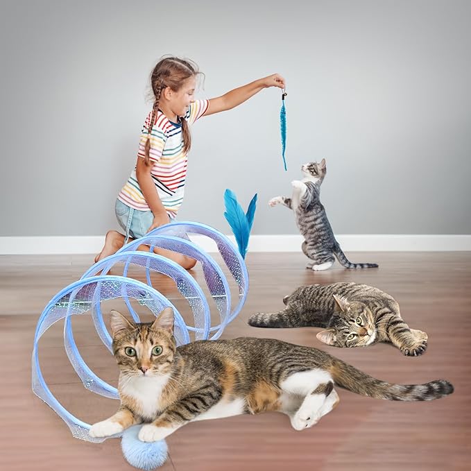 Mity rain Cat Tunnels for Indoor Cats，S Type Foldable Cat Tunnel Toy,Decompression Interactive Cat Springs Toys with Cat Ribbon/Bell/Feather/Pom pom Balls Blue