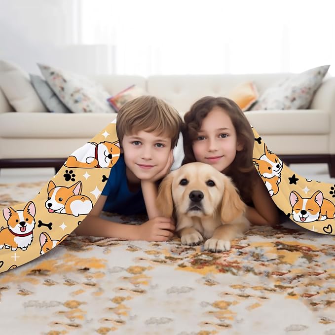 Cute Corgi Blanket Puppy Dog Pattern Blankets Bedding Soft Lightweight Flannel Throw Blankets Gifts for Corgi Lovers Kids Adults 80"X60"