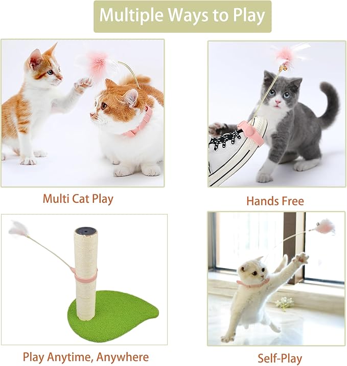 Cat Collar with Feather Toy Attached Interactive Cat Feather Wand Toy Kitty Teaser Toy Cat Neck Toy Hands Free Teasing Wand Feather Silicone Adjustable Collar for Indoor Cat Exercise