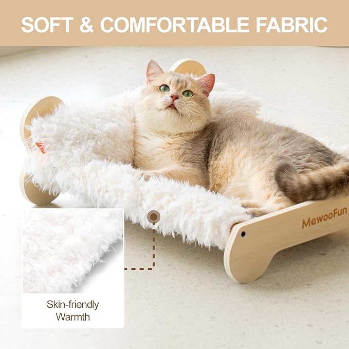 MEWOOFUN Cute Cat Beds for Indoor Cats, 20 X 17.7 in Elevated Cat Bed & Furniture, Wooden Cat Hammock Bed with Pillow, Fluffy Small Cat Bed Washable for Kitty, Plush White