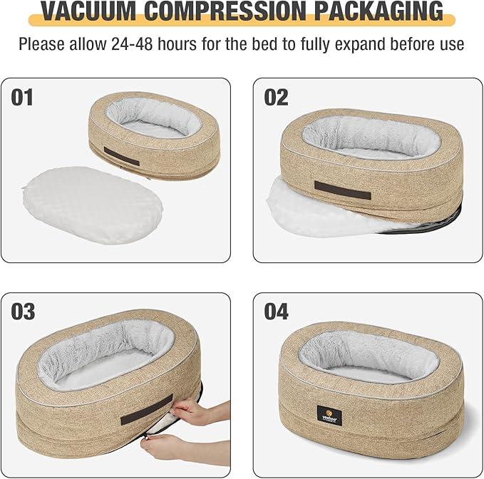 Veehoo Orthopedic Cat Bed for Indoor Cats, Oval Washable Cat Bed with Egg Crate Foam Support, Indoor Donut Puppy Cat Bed Bolster Dog Bed with Removable Cover & Non-Slip Bottom, Beige Coffee
