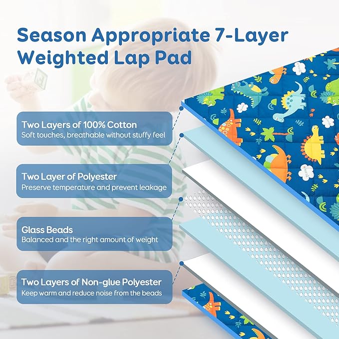 Sivio Weighted Lap Pad 2lbs, Cotton Weighted Blanket Sensory Weighted Lap Blanket Indoor Outdoor, 19 x 21 Inch, Blue Dinosaur