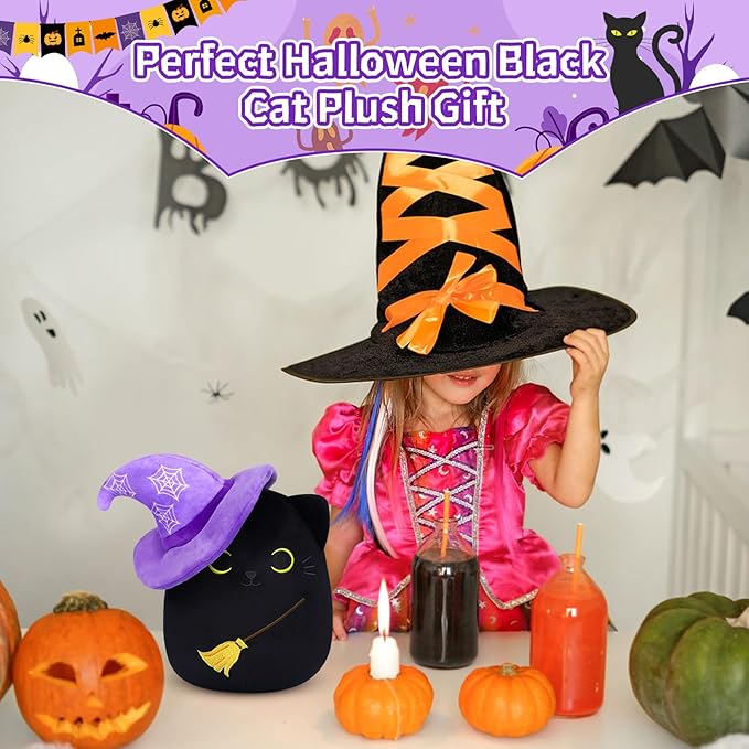 Black Cat Plush, 8Inch Black Cat Stuffed Animals with Witch Hat, Cute Black Cat Plushie Doll, Soft Stuffed Cat Plush Toys for Kids Boys Girls Birthday Christmas Party Favor Decoration