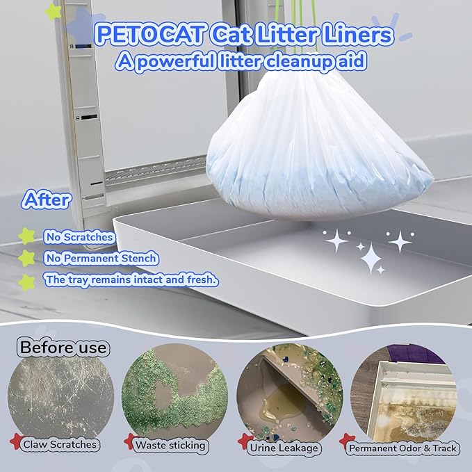 54 Count Cat Litter Liners for Pet Scoop free Litter Tray, Open/Hooded Litter Pan, Pull-out Litter Box Sliding Drawer, Drawstring Pet Waste Bags Heavy Duty - Tear & Leak Resistant, 37x12.5"