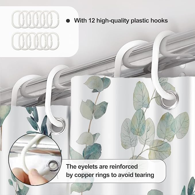 AWERT Shower Curtain Green Plants for Bathroom Waterproof Quick-Drying Eucalyptus Leaves Shower Curtain Set with Hooks 60x72 Inch