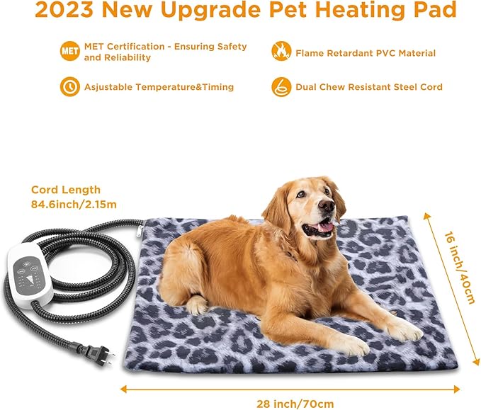 Tikaton MET Certified Pet Heating Pad, 2024 New Upgrade Heated Cat Bed Indoor with Auto Shut Off Timer, 6 Temperature Adjustable Pet Heating Pads (M: 28" x 16", BlackLeopard)