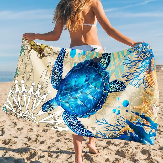 Sea Turtle Beach Towel, Cute Microfiber Bath Towel Gifts for Turtle Lovers, Funny Sand Free Quick Dry Boho Blue Travel Towels for Women Kids Yoga Sports 30" X 60"