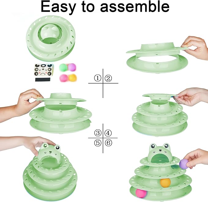 Suhaco Interactive Cat Toys for Indoor Cats Fun Roller 4 Level Cat Tower with Cute Stickers Turntable Kittens Ball Teaser Toy (Green)