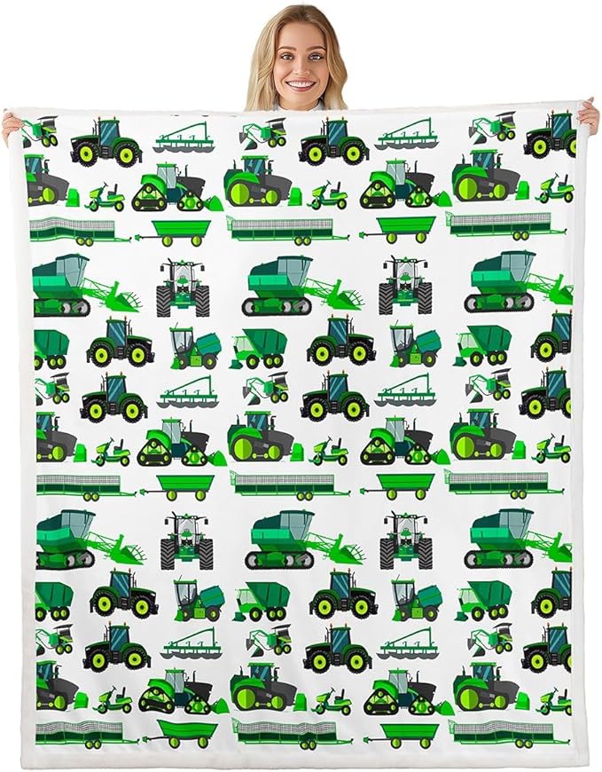 Equipment Trucks Sherpa Blanket Kids Boys Excavators Fleece Throw Blanket for Bed Sofa Couch Children Green Vehicle Plush Blanket Soft Construction Tractor Decor Fuzzy Blanket 40"x50"